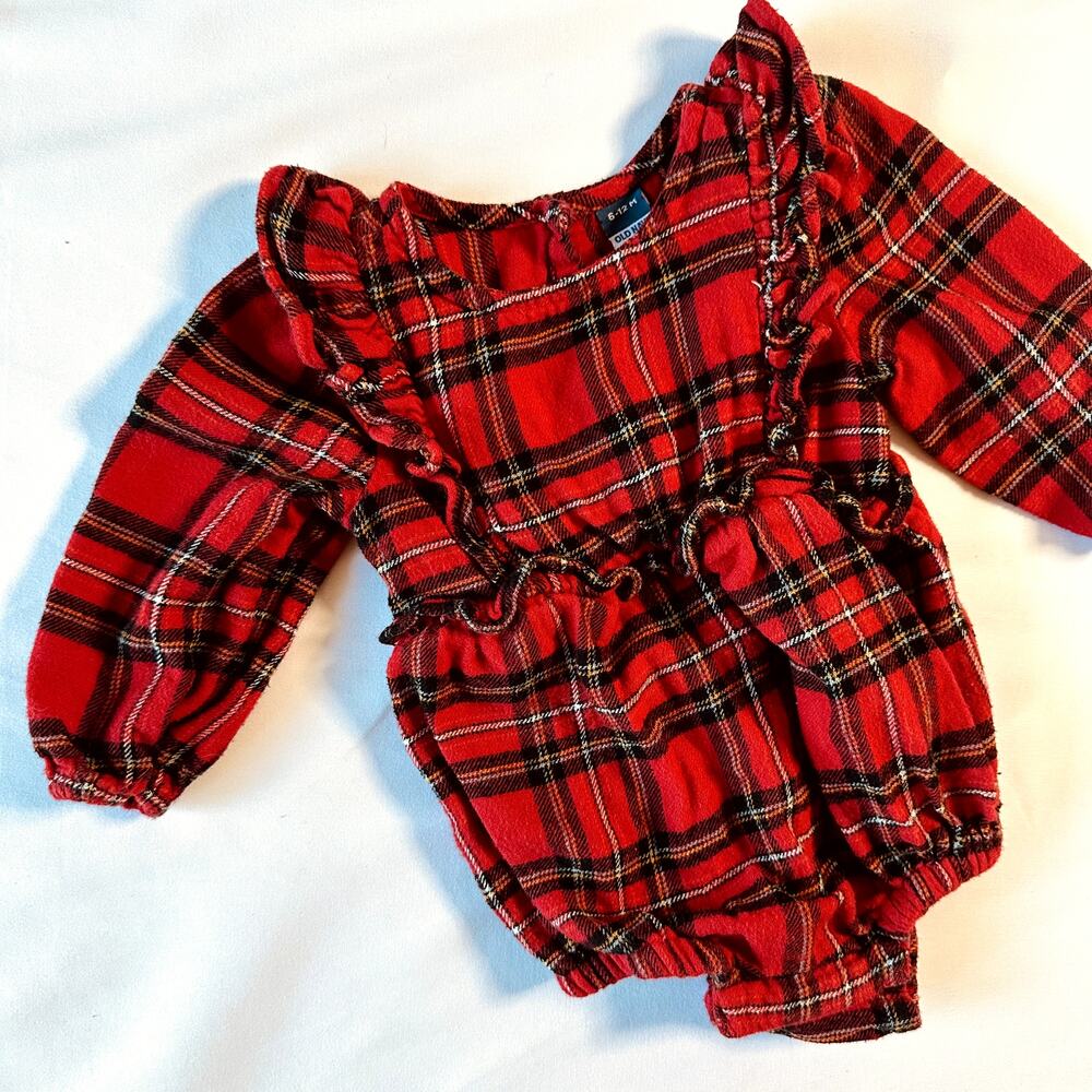 Old Navy Long-Sleeve Ruffle-Trim Plaid One-Piece Romper Sz 6-12 mo